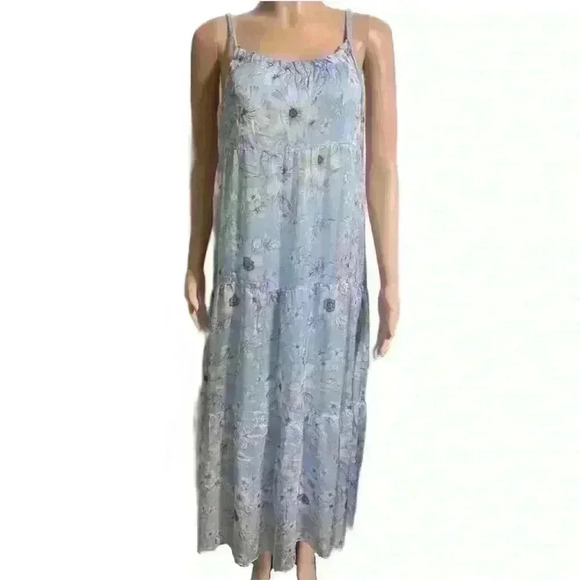 NWT ELENA BALDi Blue Silk Blend Floral Tiered Dress Size L - Picture 2 of 9